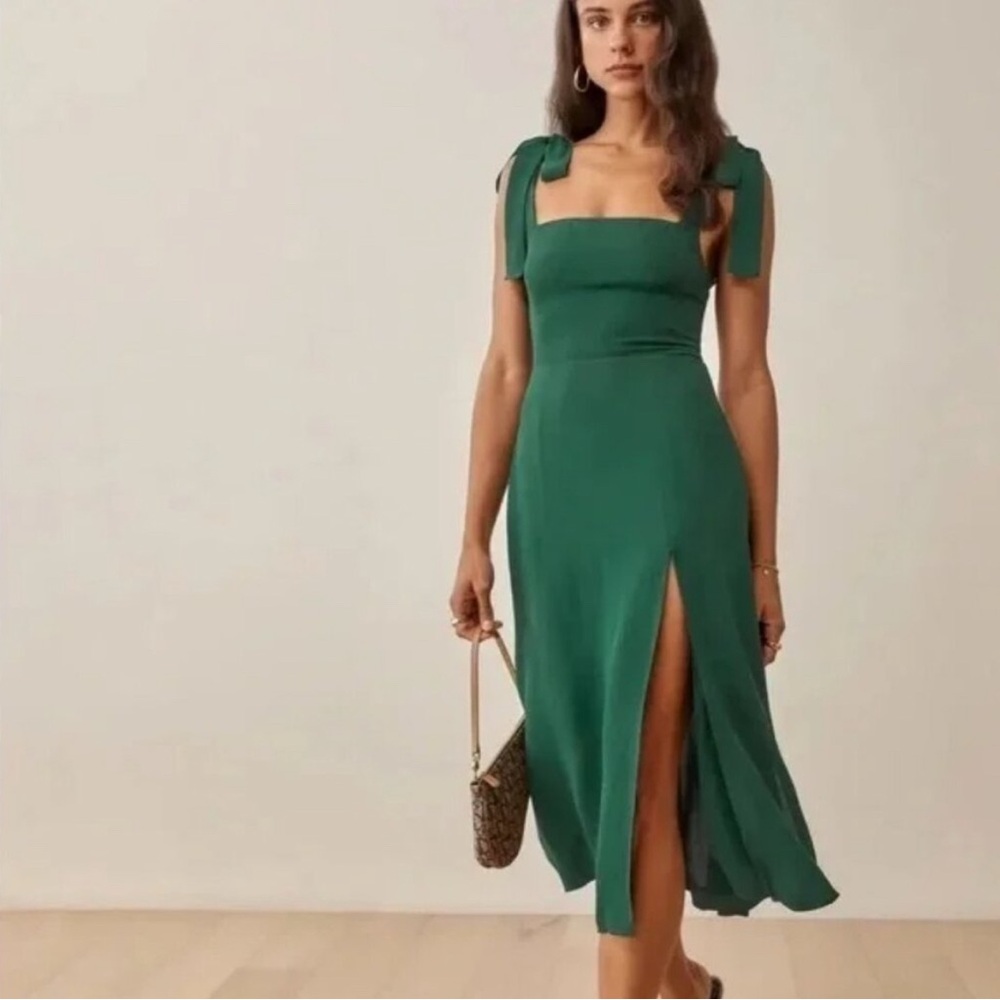 Reformation Midi Twilight Dress with Slit in Emerald
